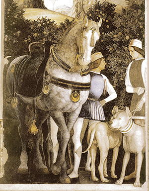 Affresco di Andrea Mantegna, particolare della Camera degli Sposi. Partenza per la caccia, Palazzo Ducale di Mantova